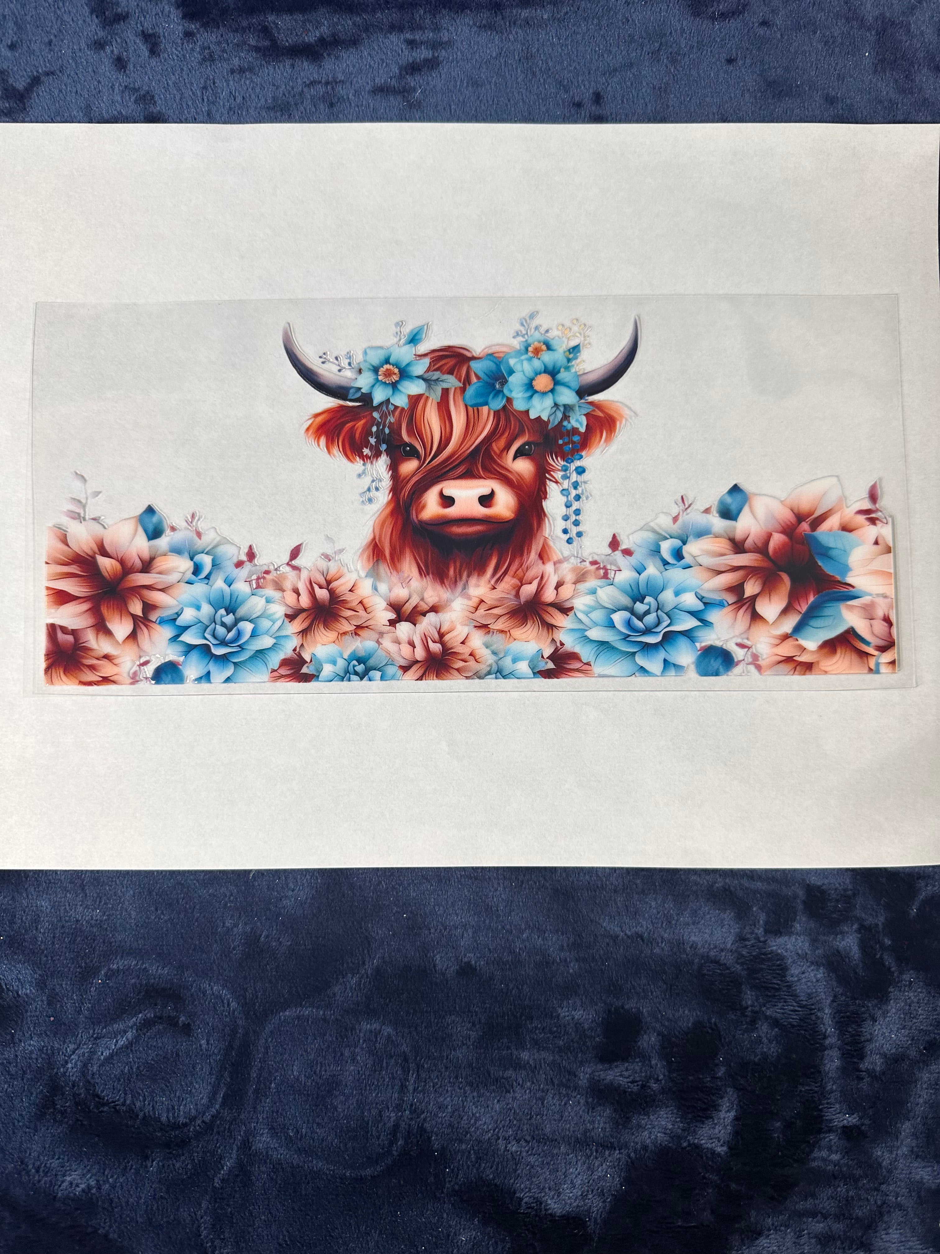Highland Cow w/Blue Flowers